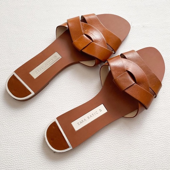 Zara size 40 brown cognac chestnut faux leather slides sandals - Picture 7 of 9